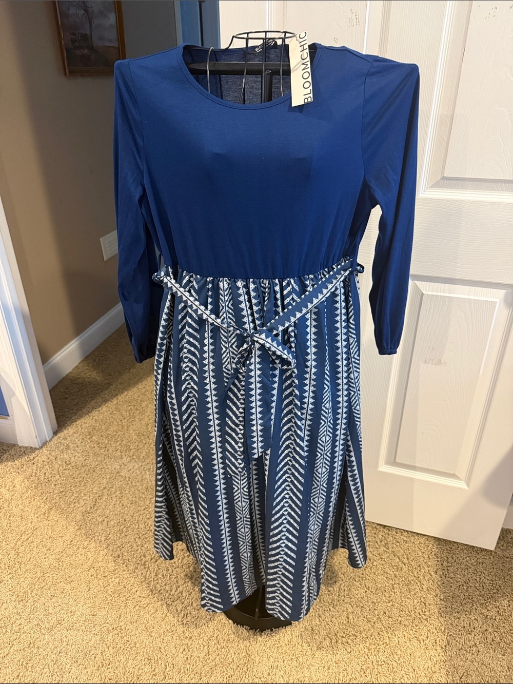 BloomChic Navy & White Long Sleeve Patterned Midi Dress Size 14 - 16 NWT NEW